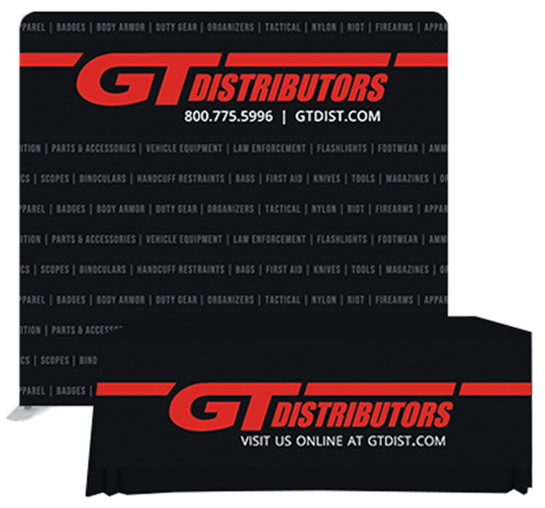 GT Distributors' trade show booth backdrop and table covering